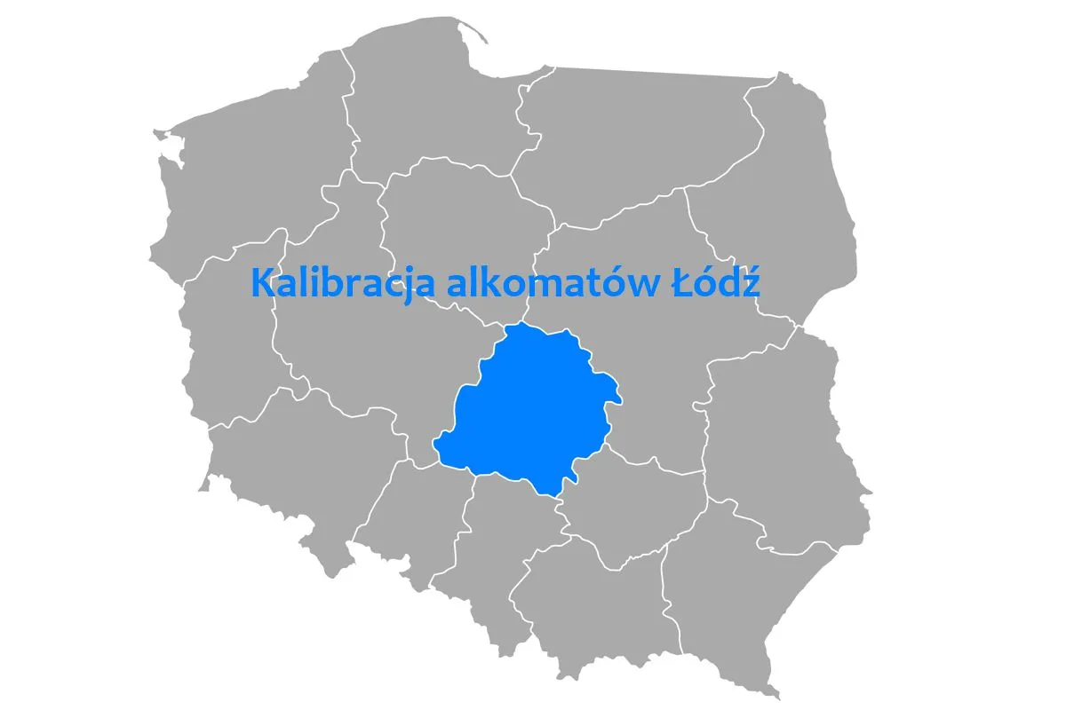 Mapa Polski z zaznaczonymi miastami, alkomat, serwis kalibracji