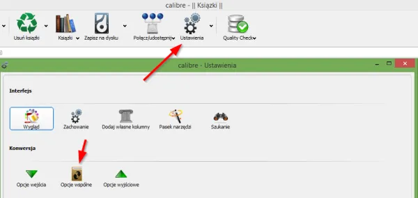 Interfejs programu Calibre z widoczną listą książek i opcjami konwersji
