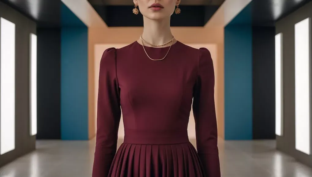 bordowa sukienka złota biżuteria srebro