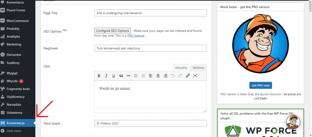 WordPress tryb konserwacji wtyczki
