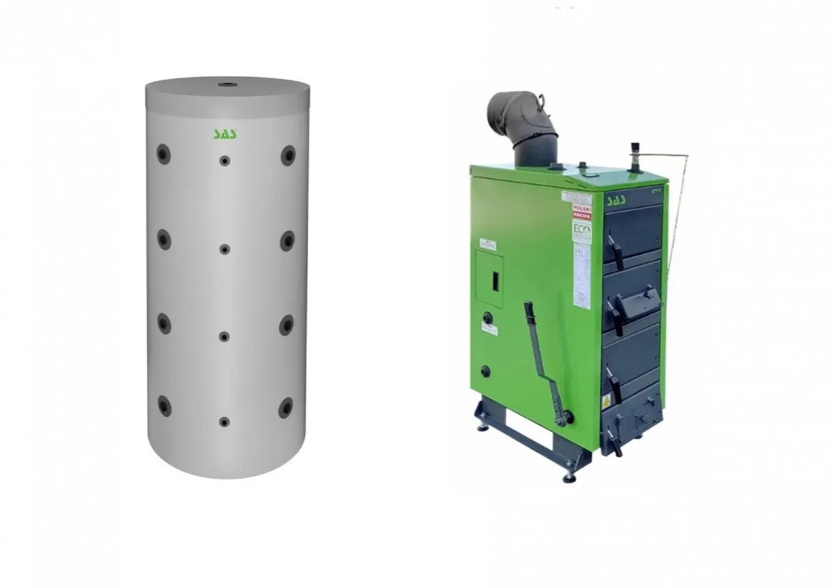 Zielony kocioł co na drewno obok białego zasobnika.