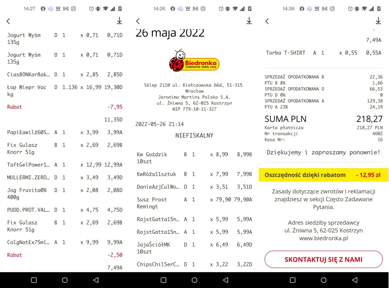 Aplikacja Moja Biedronka ekran gł&oacute;wny historia zakup&oacute;w