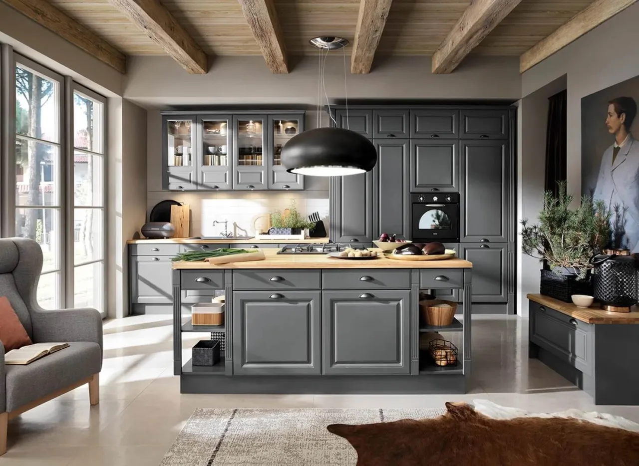 grafitowa kuchnia z drewnianym blatem inspiracje