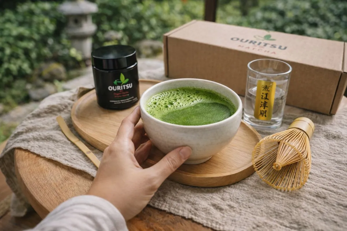 Zestaw do przygotowania matcha latte: puszka z zielonym proszkiem, miseczka z napojem, bambusowa miotełka i szklanka. Gdzie kupić?