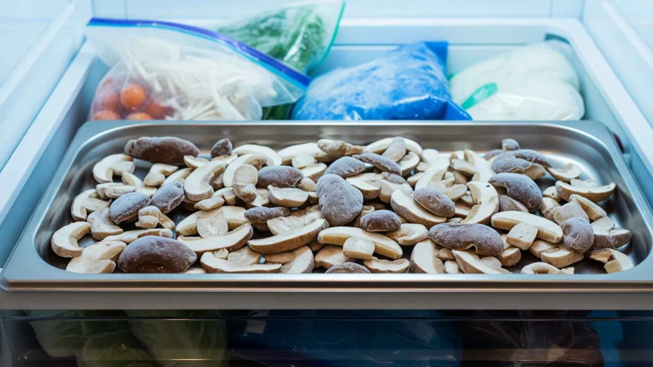 Zamrożone grzyby kurki na tacy, gotowe do dalszego przechowywania. Tak jak mrozimy grzyby kurki, by cieszyć się nimi przez cały rok.