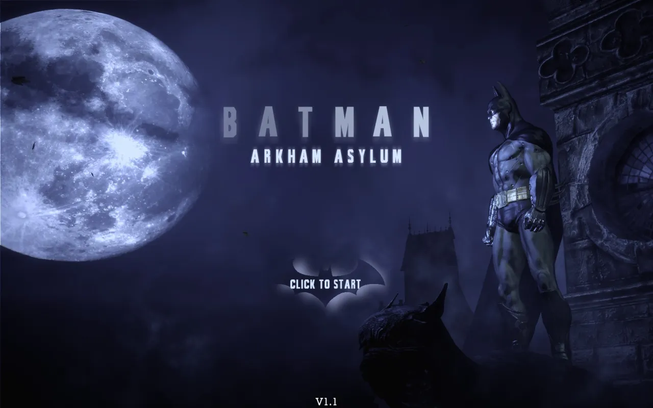 Batman Arkham Asylum spolszczenie. Mroczna noc, wielki księżyc i Batman na dachu. Kliknij, by zacząć.