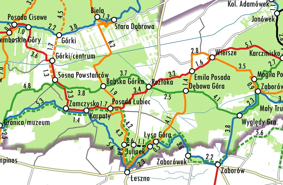 Mapa tras rowerowych Kampinoski Park Narodowy
