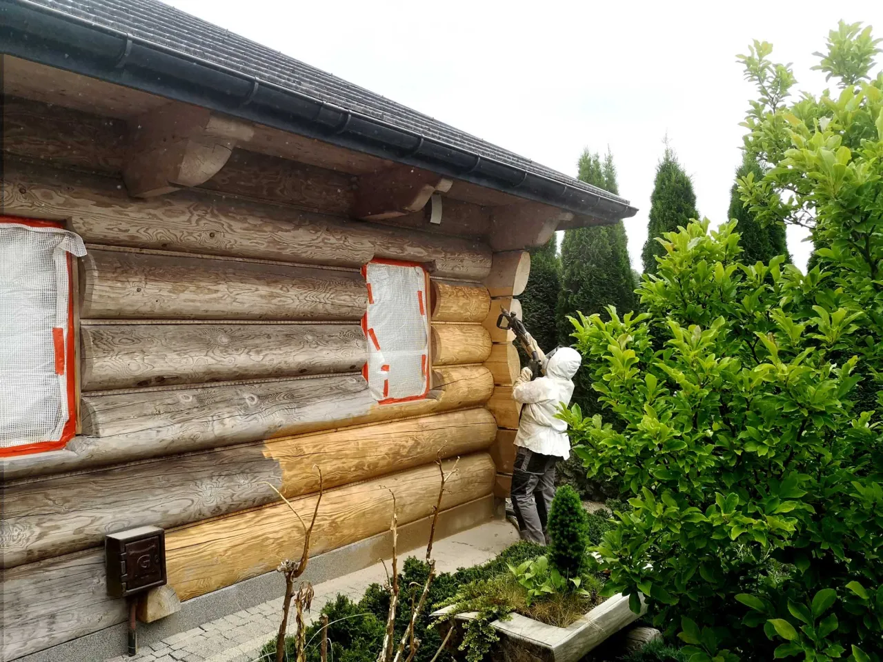 Osoba w białej kurtce i masce maluje dom z bali, pokazując, jak wyczyścić dom z bali i nadać mu nowy wygląd.