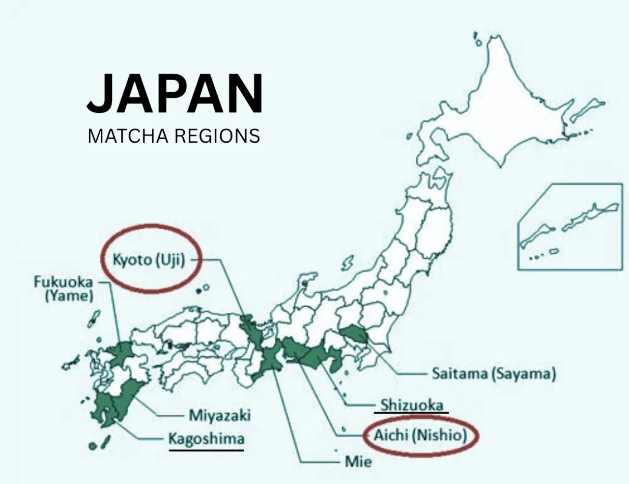 Mapa region&oacute;w uprawy matchy Japonia Uji Nishio