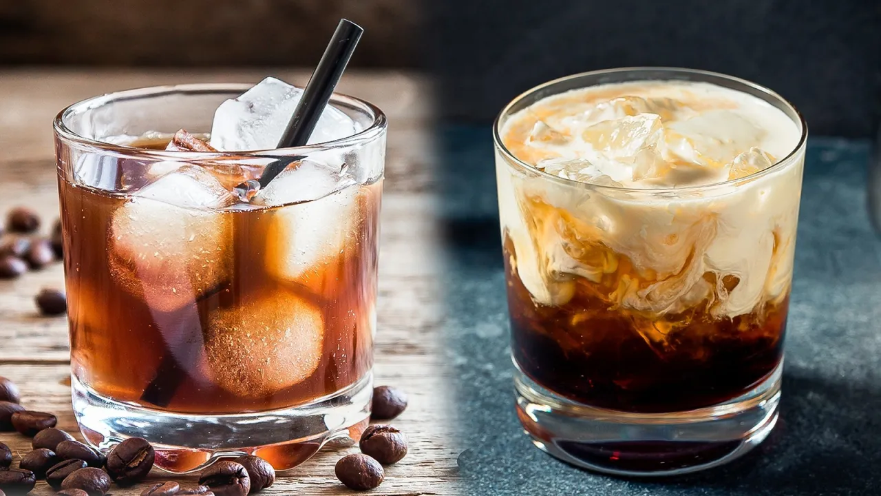 Dwa drinki na lodzie: czarny, klarowny Black Russian i kremowy White Russian. Który wybierasz?
