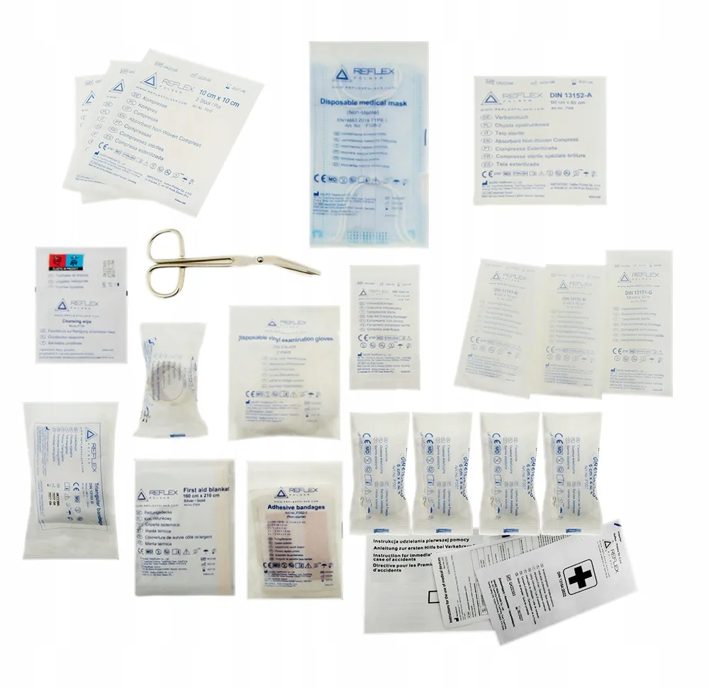 zawartość apteczki samochodowej DIN 13164:2022