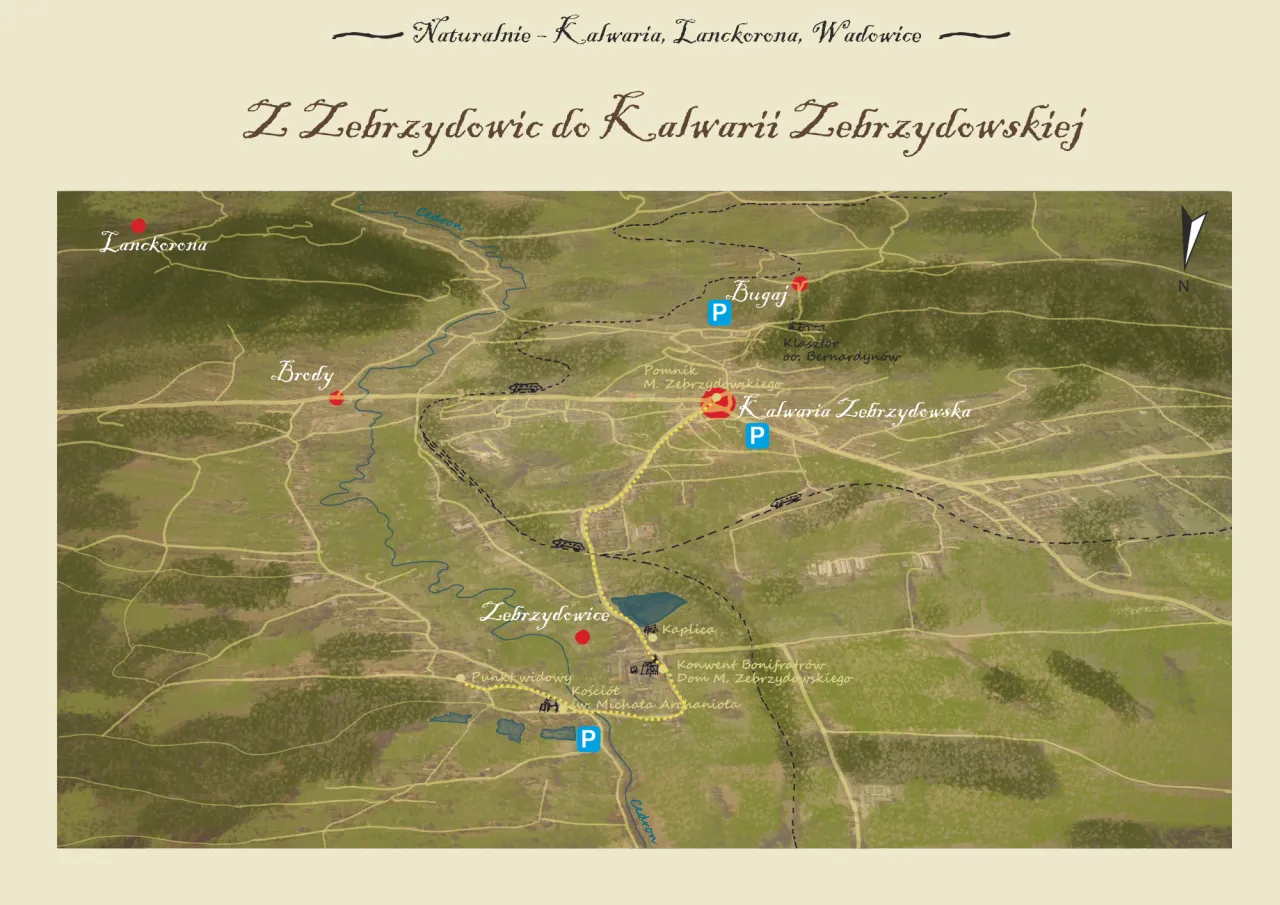 Mapa pokazuje drogę z Zebrzydowic do Kalwarii Zebrzydowskiej, z zaznaczonymi punktami: Lanckorona, Brody, Bugaj, klasztor i kości&oacute;ł.