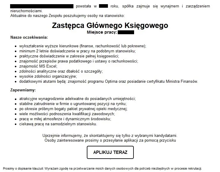 przykładowe ogłoszenie o pracę elementy