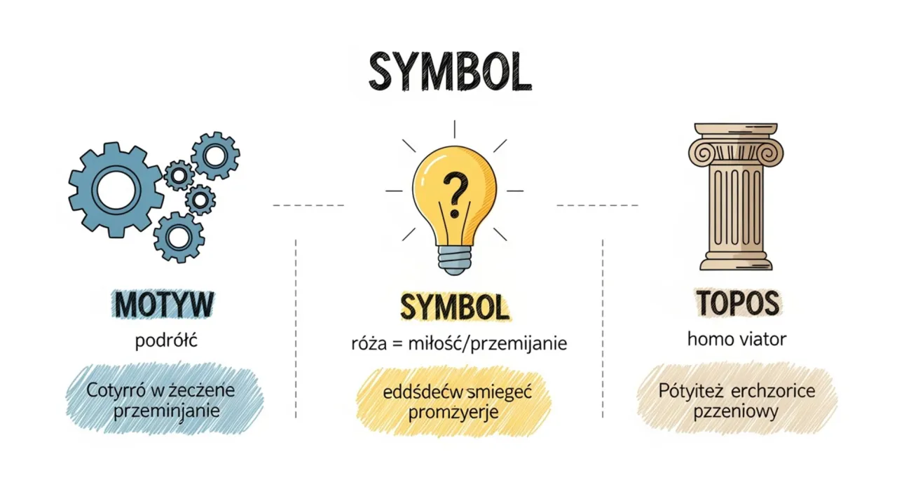 Grafika ilustruje pojęcia: motyw (koła zębate, podróż), symbol (żarówka, róża) i topos (kolumna, homo viator).