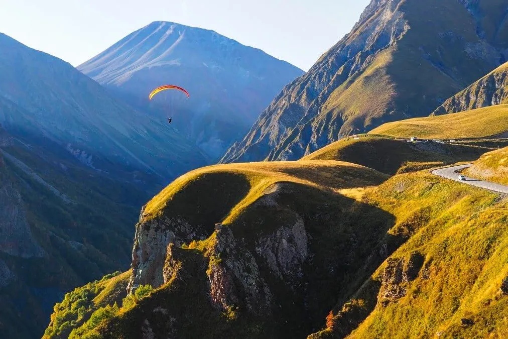 Gruzińska droga górska z widocznymi zwierzętami gospodarskimi