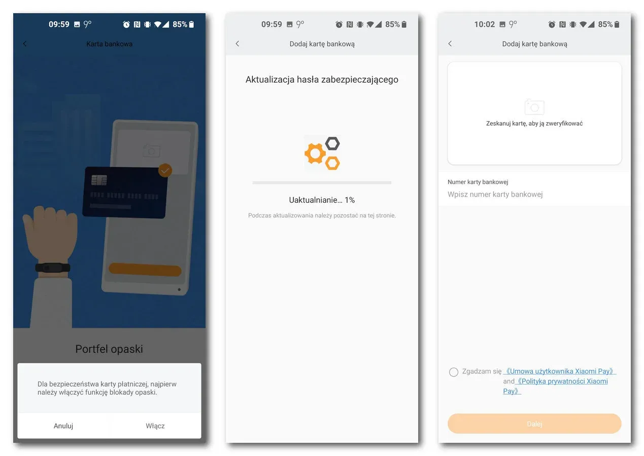 Xiaomi Pay konfiguracja karty w aplikacji Mi Fitness