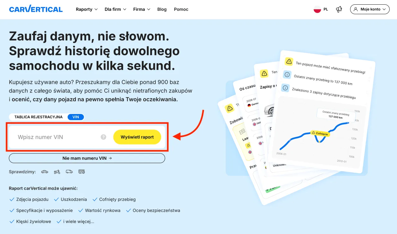 Chcesz wiedzieć, jak sprawdzić wersję auta po VIN? Wpisz numer VIN, aby uzyskać raport o historii pojazdu, w tym o cofniętym przebiegu.