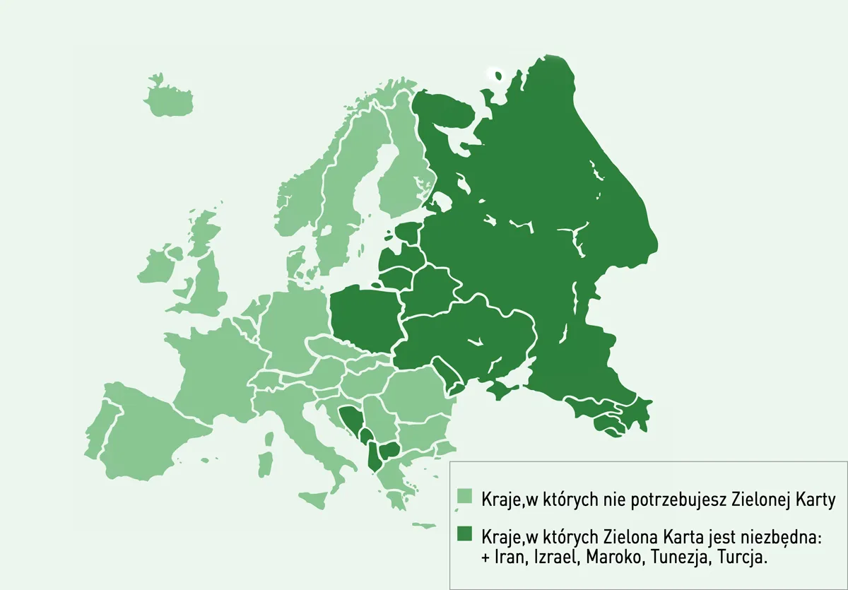 Mapa Europy i części Azji z zaznaczonymi krajami, gdzie zielona karta jest potrzebna lub nie.