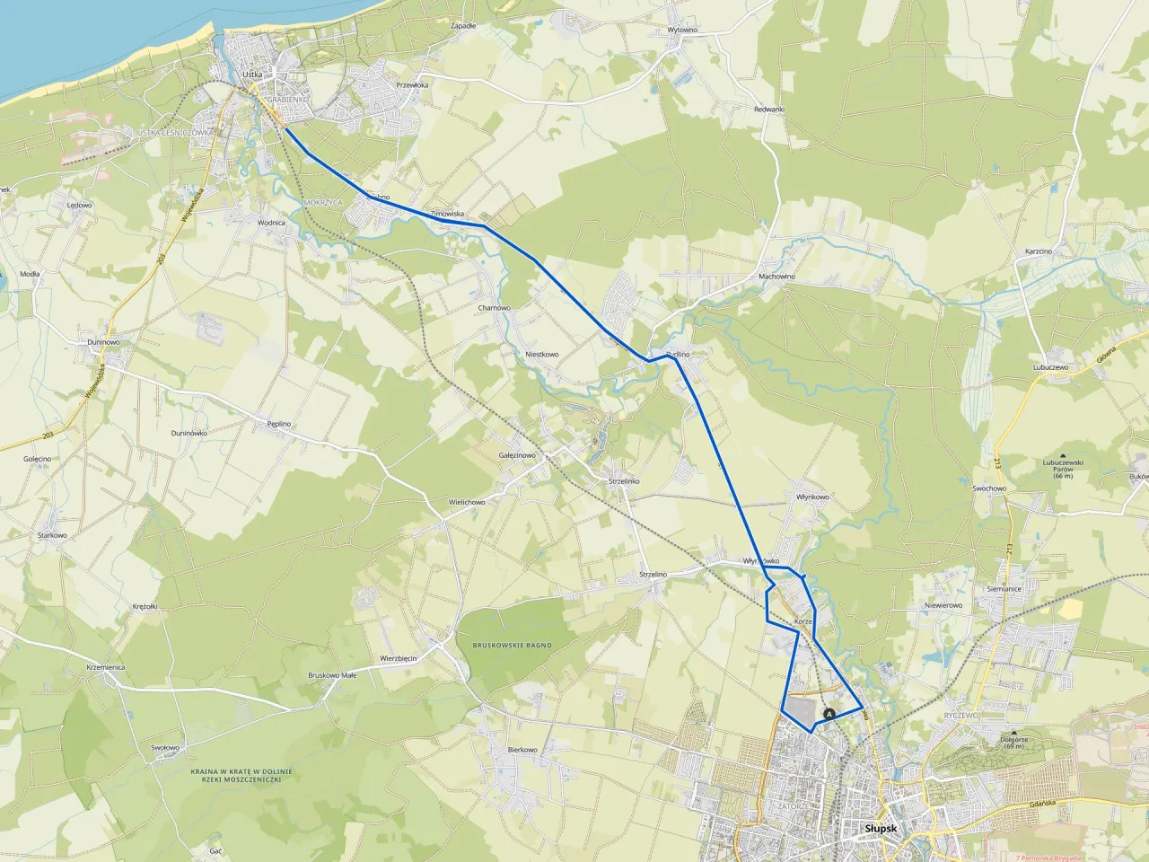 Mapa przedstawia planowane trasy rowerowe Słupsk i okolice, łączące miasto z Ustką i terenami wiejskimi.