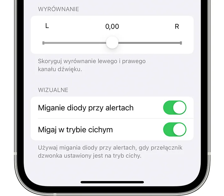 iPhone ustawienia dostępności miganie diody