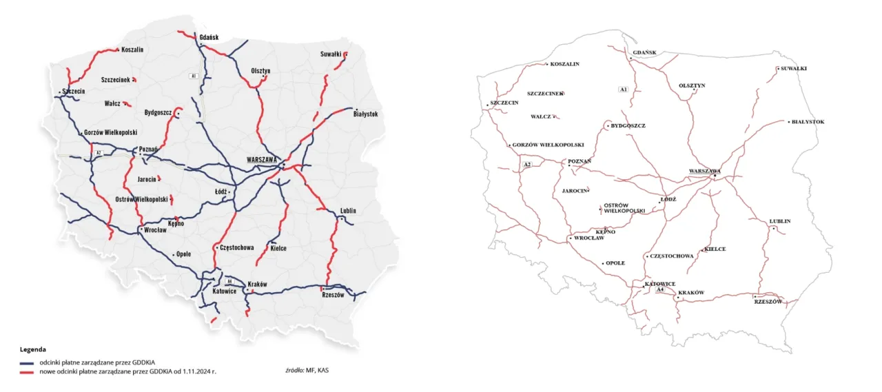 mapa płatnych odcinków autostrad e-TOLL Polska