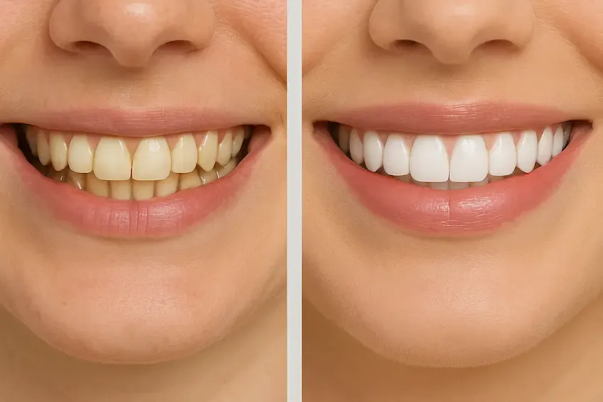 Uśmiech z lic&oacute;wkami przed i po, linia uśmiechu