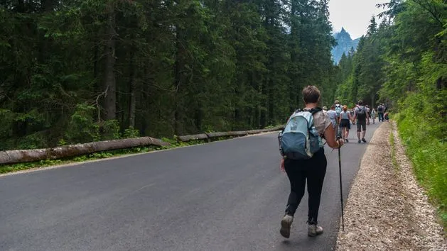 Szlak na Morskie Oko asfaltowa droga z turystami