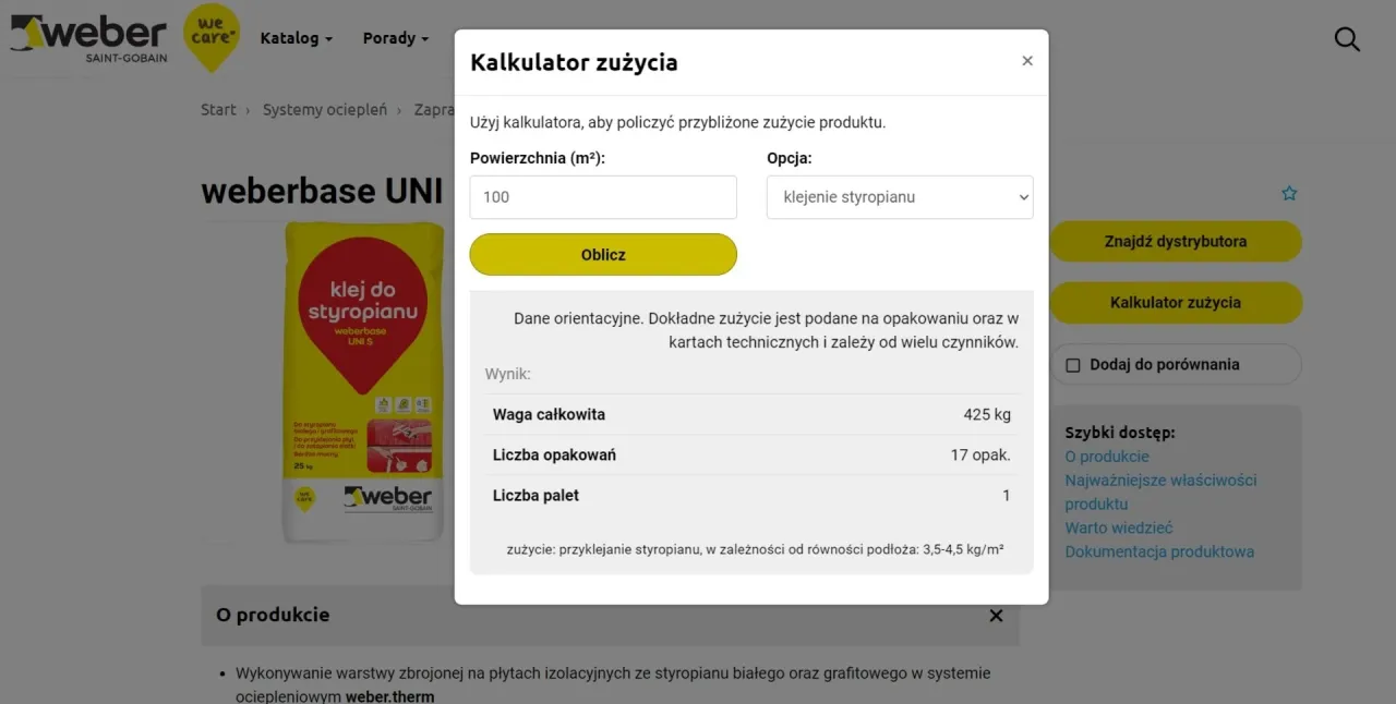 Kalkulator zużycia kleju do styropianu Weberbase UNI S. Oblicz ile zaprawy na m2 potrzebujesz do przyklejenia styropianu.