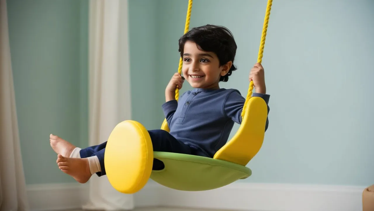 Dziecko na huśtawce sensorycznej w gabinecie terapeutycznym