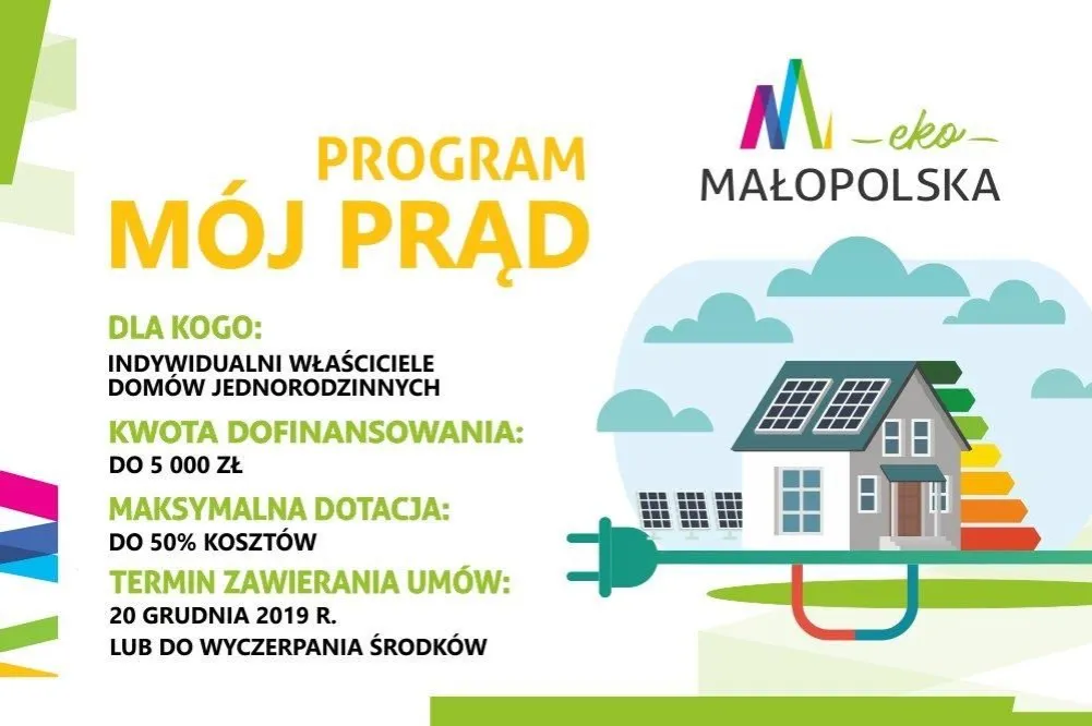Logo programów Mój Prąd i Czyste Powietrze oraz symbol ulgi termomodernizacyjnej