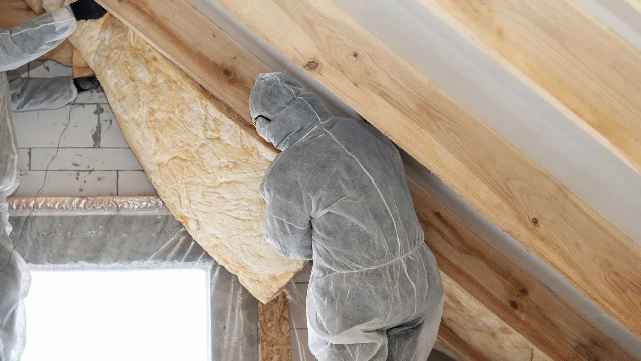 Ocieplanie poddasza wełną mineralną. Pracownik w kombinezonie montuje izolację. Sprawdź, ile kosztuje metr ocieplenia poddasza.