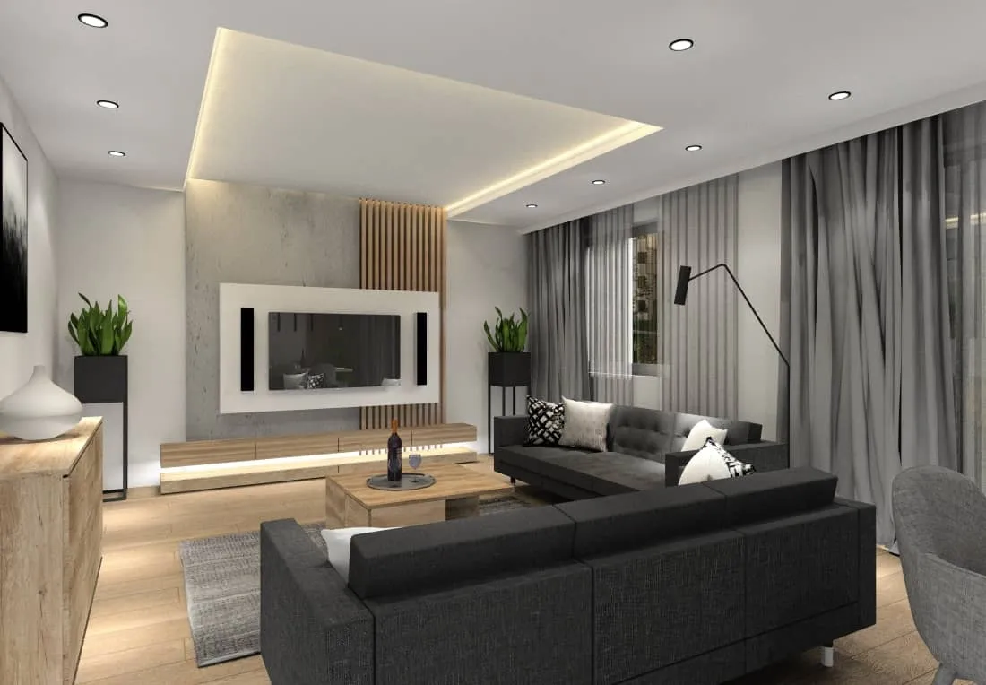 cegła beton lamele szare meble