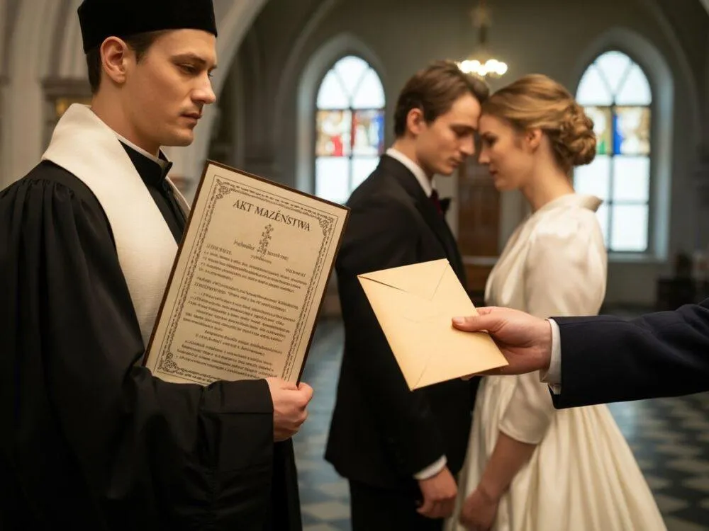 para młoda rozmawia z księdzem w kancelarii parafialnej