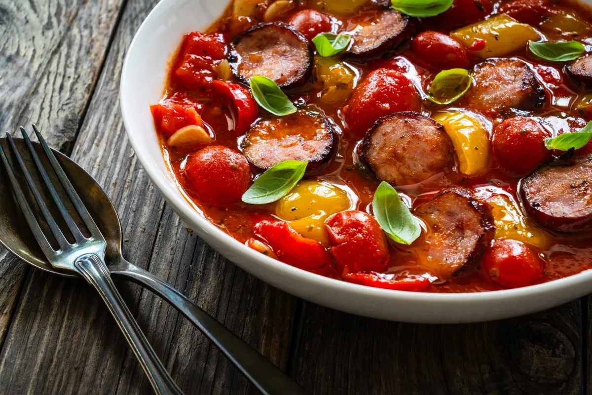 Pyszne danie z kiełbasą, pomidorkami i papryką w sosie pomidorowym. Idealne pytanie: co ugotować na obiad?