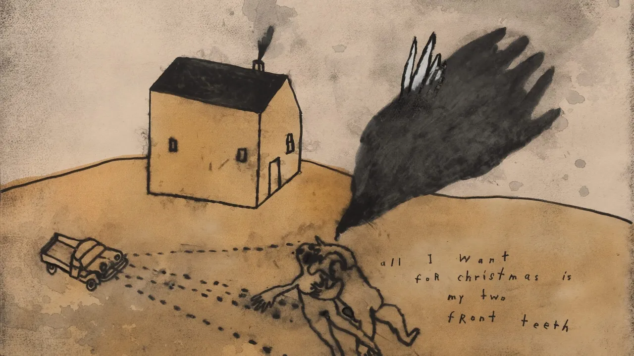 Mroczna, surrealistyczna scena w stylu młodego Davida Lyncha: dom z dymem, samochód, dwie postacie i cień ptaka.