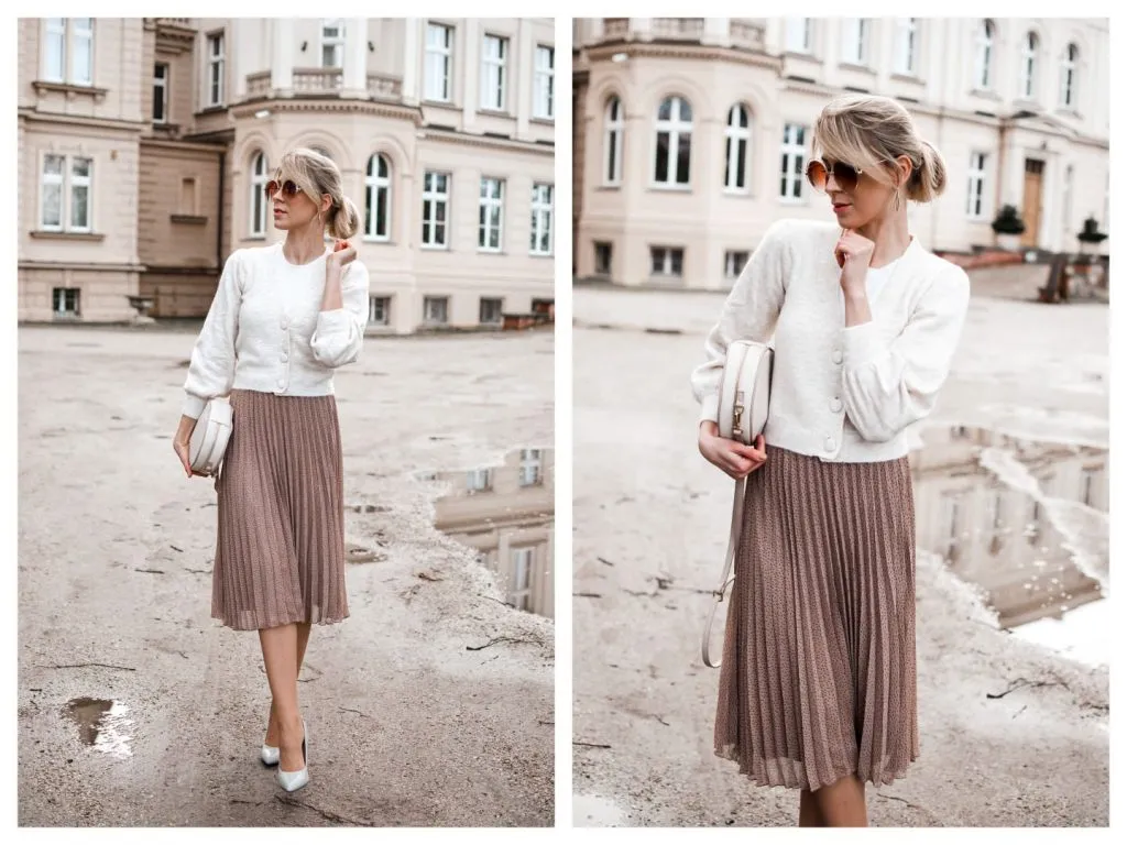 stylizacje spódnica plisowana góra sweter t-shirt bluzka