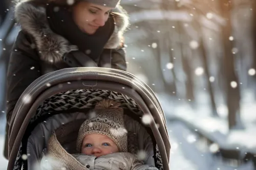 Rodzic z dzieckiem w w&oacute;zku zimą