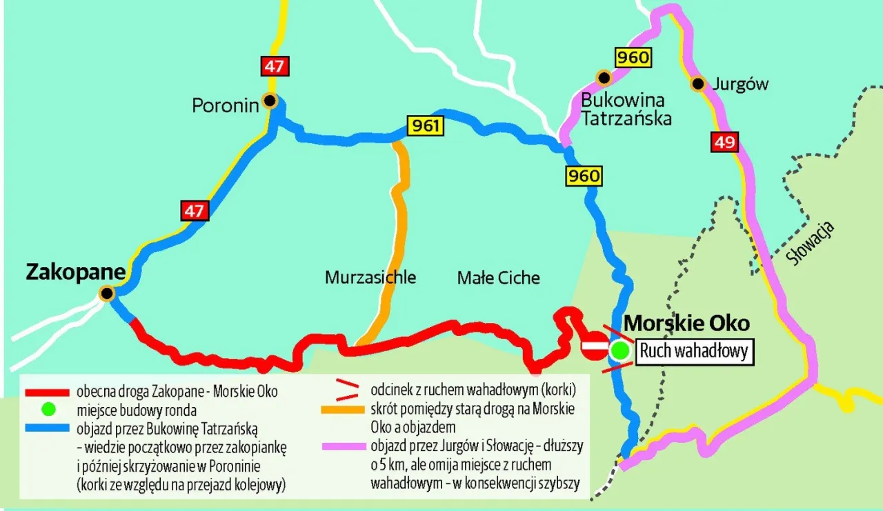 Mapa tras do Zakopanego z zaznaczonymi gł&oacute;wnymi drogami i alternatywami