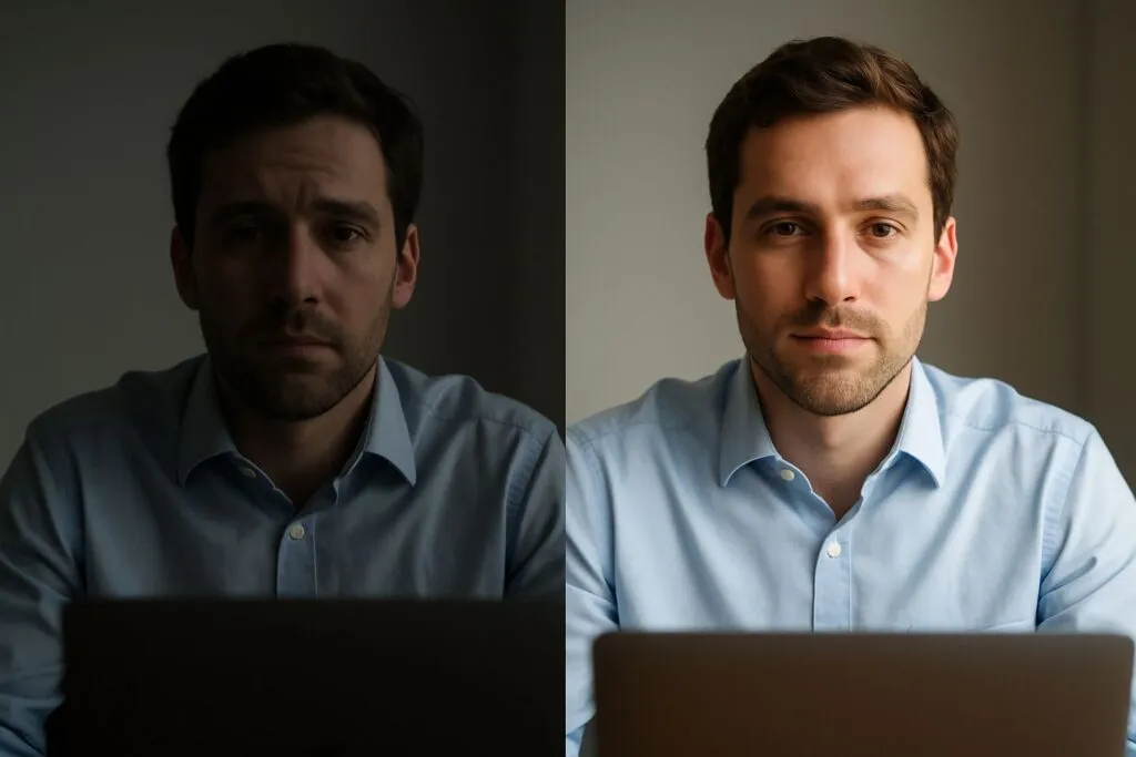 Dobre oświetlenie do zdjęć z kamery laptopa vs złe oświetlenie