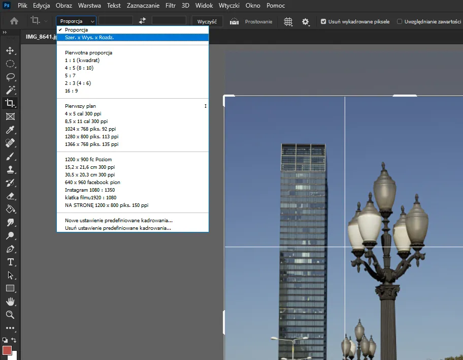 Photoshop kadrowanie proporcje wymiary pasek opcji