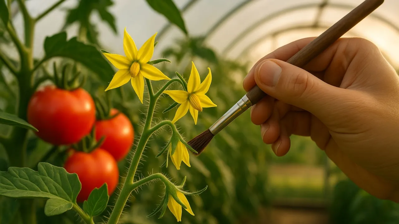 Dłoń pędzlem zapyla ż&oacute;łte kwiaty pomidor&oacute;w samopylnych, obok dojrzewają czerwone owoce.