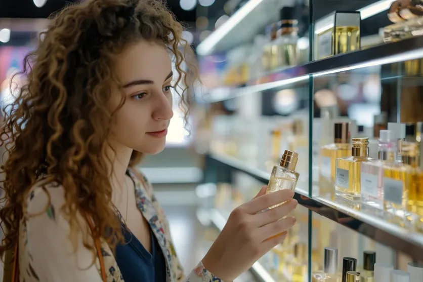 Kobieta wybierająca perfumy w drogerii