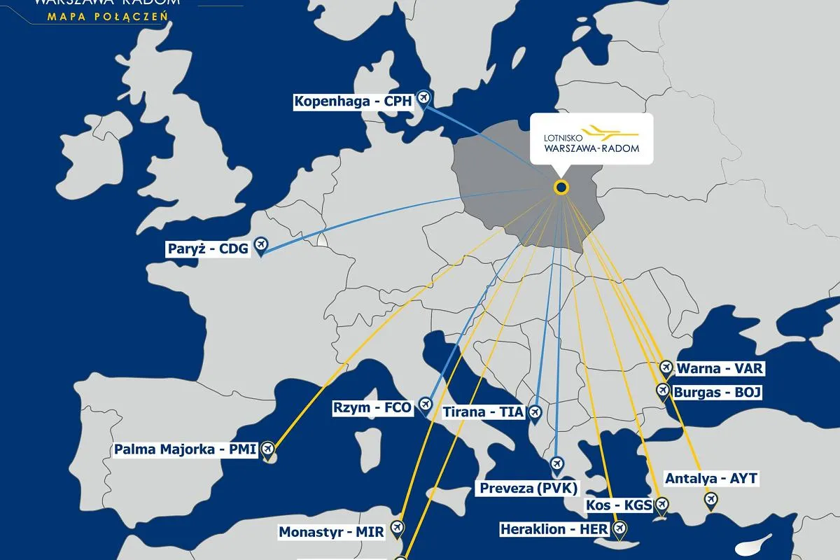 Mapa połączeń lotniczych Radom