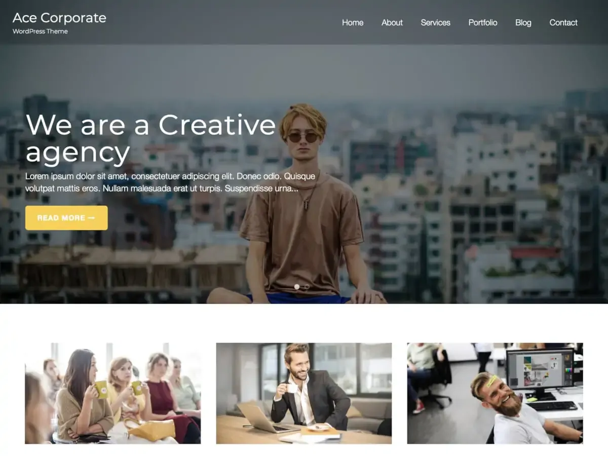 Strona gł&oacute;wna motywu WordPress Ace Corporate. Młody mężczyzna na tle miasta, poniżej zdjęcia zespołu i pracy.