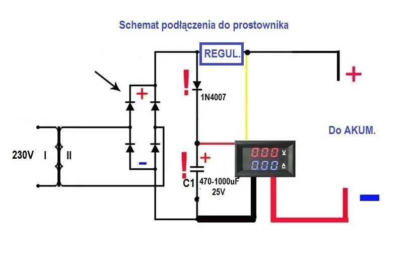 Schemat podłączenia amperomierza do prostownika