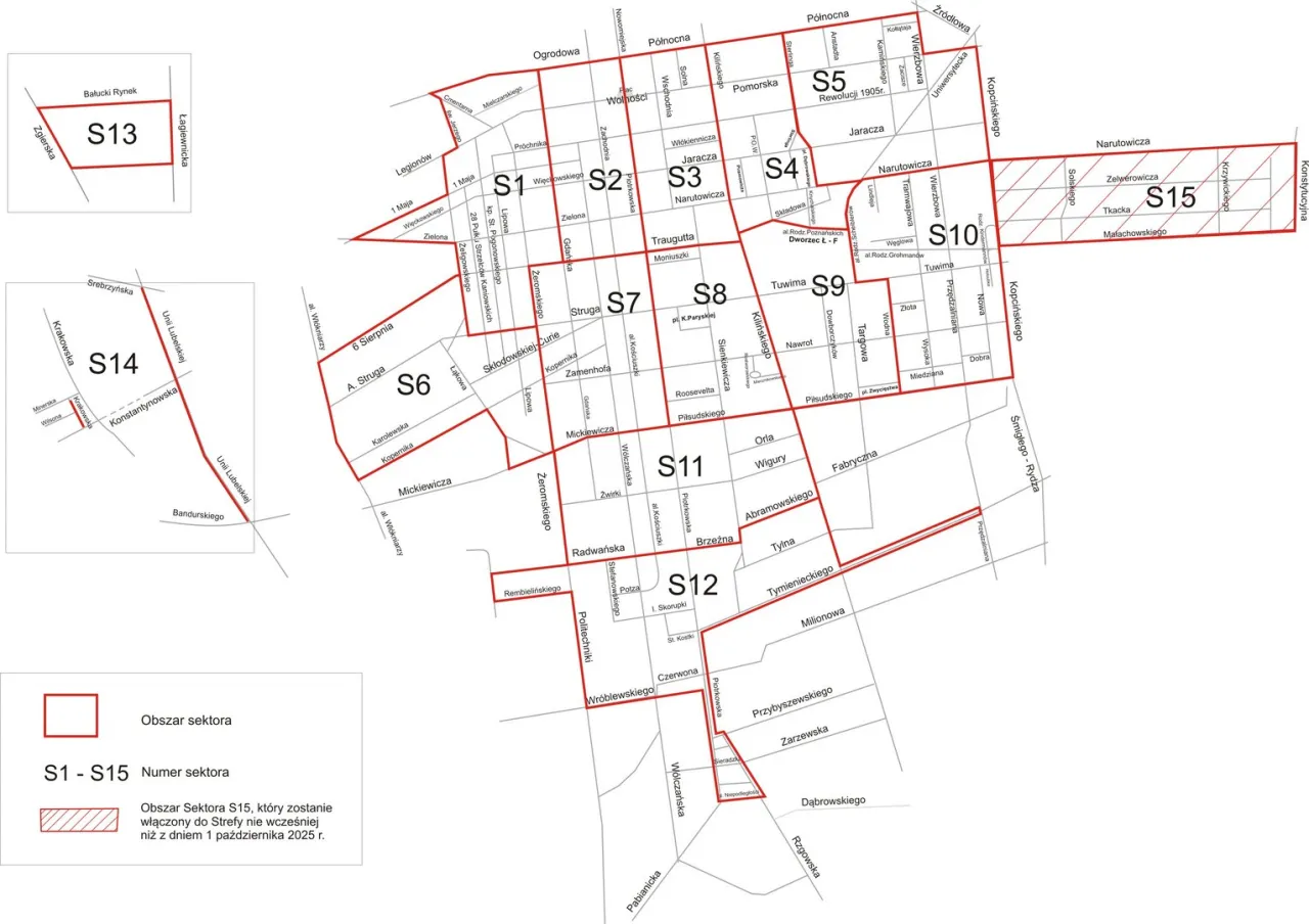 Mapa Łodzi z zaznaczonymi sektorami parkowania. S15 to obszar, który zostanie włączony do Strefy P. Nie podano, jak wjechać na parking podziemny Łódź Fabryczna.