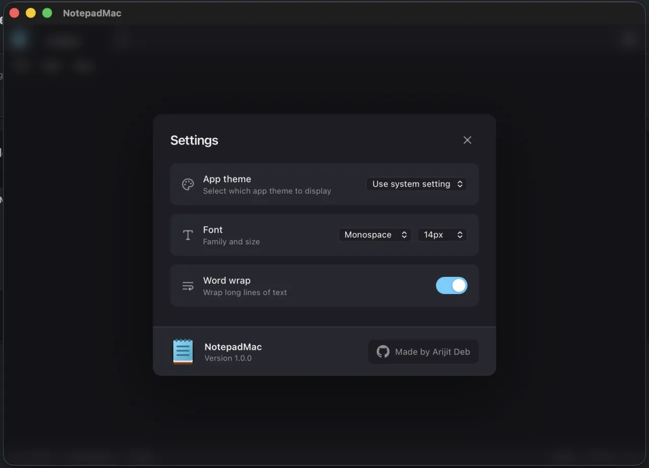 Ustawienia aplikacji NotatnikMac: motyw, czcionka Monospace 14px, zawijanie tekstu.