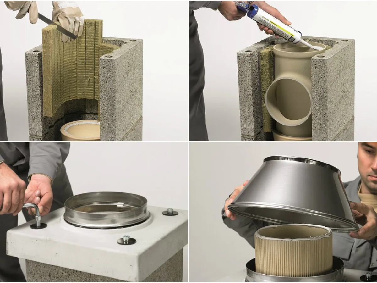 Instrukcja krok po kroku, jak założyć komin: cięcie izolacji, uszczelnianie rury, montaż podstawy i zakładanie osłony.