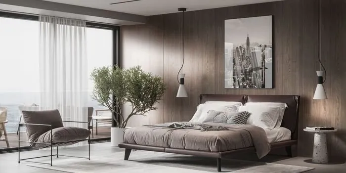 Wnętrze w stylu Japandi z ciemnym drewnem