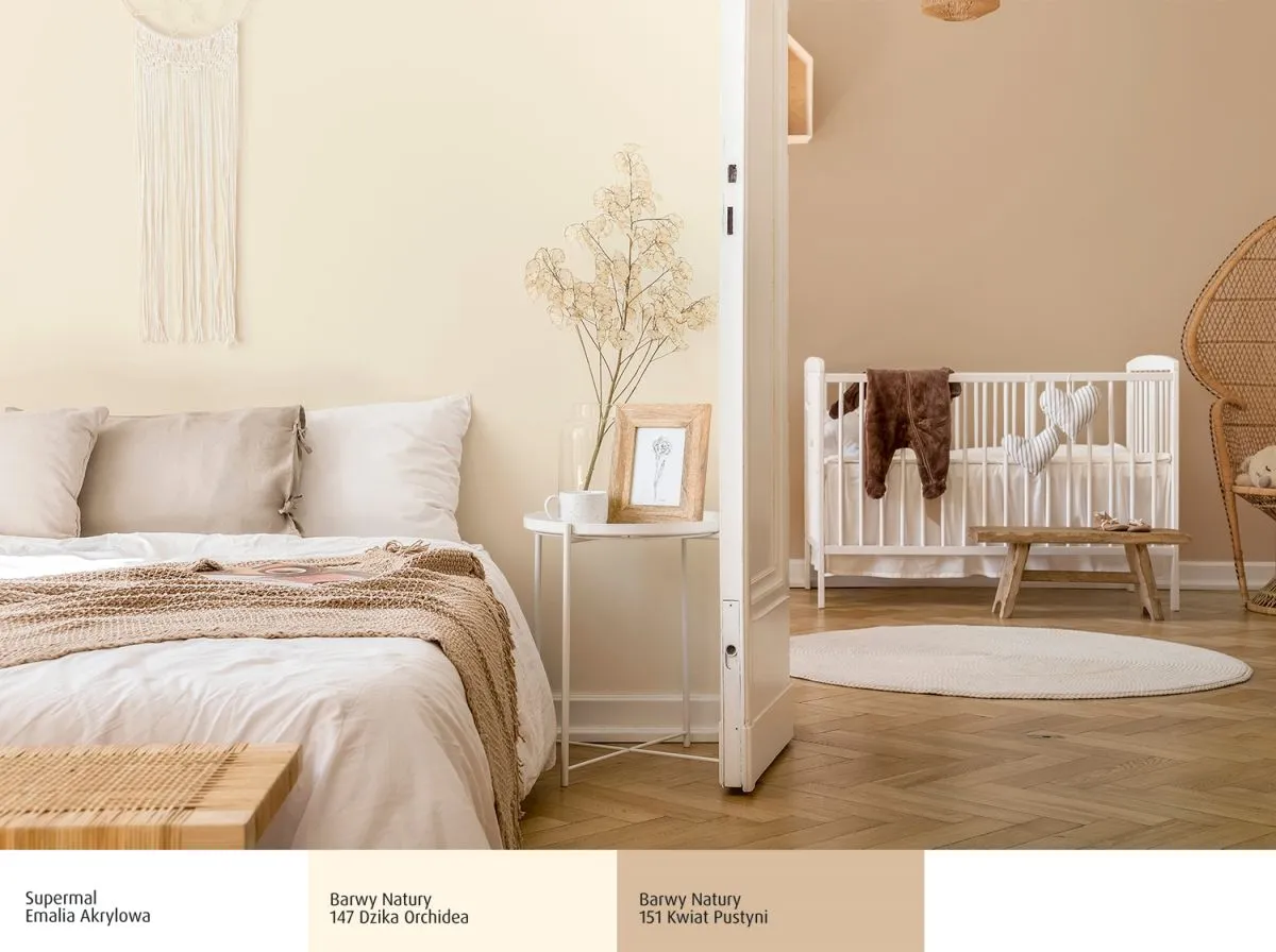 Paleta kolorów farb do ścian Śnieżka: przytulna sypialnia i pokój dziecięcy w odcieniach beżu i kremu.